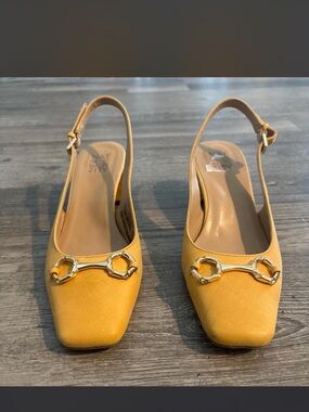 Naturalizer Yellow Slingback Heels with Gold Horsebit Accent